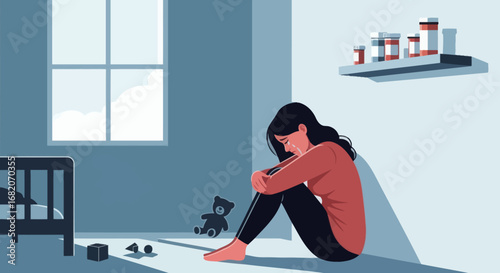 Crying woman sits on floor leaning against a wall in a room with a crib toys and a shelf of pill bottles