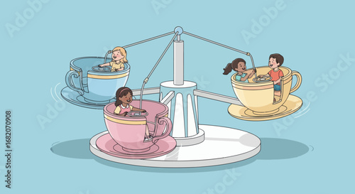 Four happy children ride a colorful teacup amusement park attraction