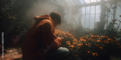Gardener Nurturing Vibrant Flowers in a Sunlit Greenhouse