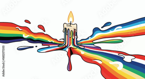 Melting candle with rainbowcolored wax flowing horizontally forming streaks and drops on a white background