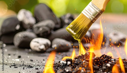 A brush applies flammable liquid to hot charcoal briquettes on a flat surface, creating bright orange flames with a soft focus green background