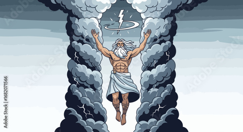 Pixel art of a muscular bearded man arms raised floating between stormy clouds with lightning and a bright bolt