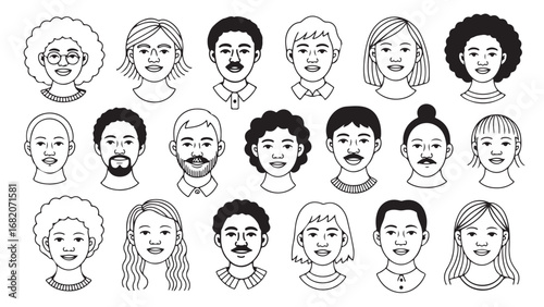 Diverse People Icons: Collection of Line Art Portraits for Website & Design Projects