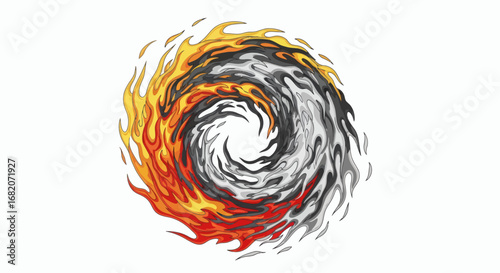 Stylized circular vortex with fiery reds oranges yellows on left and smoky greys blacks whites on right white background