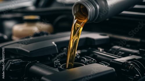 Fresh golden motor oil pouring into a car engine for essential vehicle maintenance.