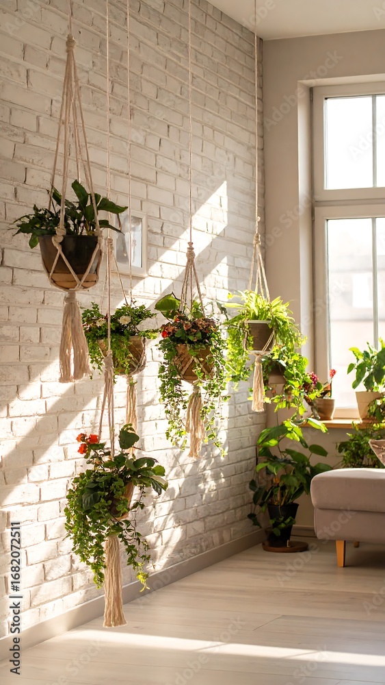 Naklejka premium Sunlight streams through a room filled with hanging plants