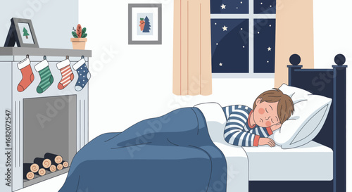 A child sleeps in a cozy bedroom with Christmas stockings a fireplace and a starry night visible through a window