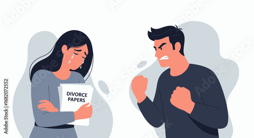 A crying woman holds DIVORCE PAPERS while an angry man glares with clenched fists
