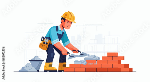 A construction worker in a hard hat builds a brick wall with a trowel and mortar at a construction site
