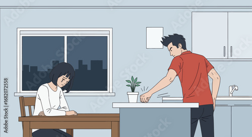 A crying woman sits at a table while a man slams his fist on a counter in a kitchendining room at night