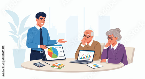 A financial advisor presents data on a tablet to two attentive elderly clients sitting at a table with a laptop