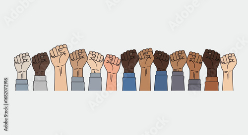 A horizontal line of 12 raised fists with diverse skin tones and colored sleeves against a light gray background