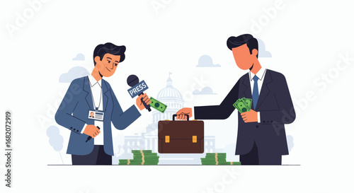 A journalist exchanges money with a suited man over a briefcase against a government building backdrop with cash