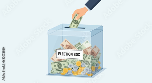 A hand places a dollar bill into a clear election box full of diverse banknotes and coins on a light blue background
