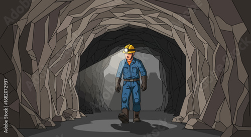 A lone miner wearing a hard hat with a headlamp walks through a dark rocky mine tunnel