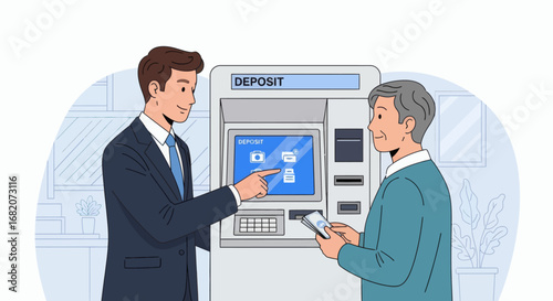 A man in a suit guides an older man holding cash to make a deposit at a banks ATM with an active screen