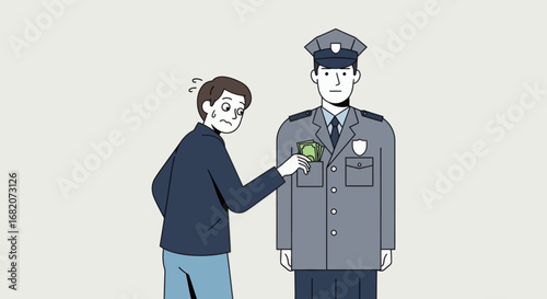A nervous man puts green money bills into the pocket of a uniformed police officer on a plain background
