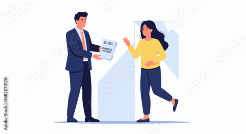 A man in a suit hands DIVORCE PAPERS to an upset woman in a yellow shirt and dark pants