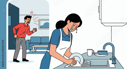 A man yells with a raised fist at a crying woman washing dishes in a home kitchen setting