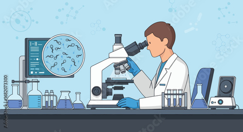 A scientist in a lab coat and blue gloves peers into a microscope with a monitor displaying sperm cells and lab equipment