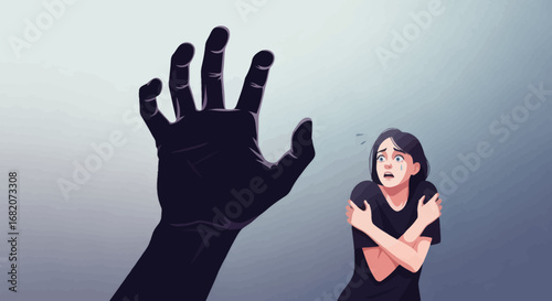 A scared woman with tears hugging herself faces a large dark menacing hand on a grey gradient