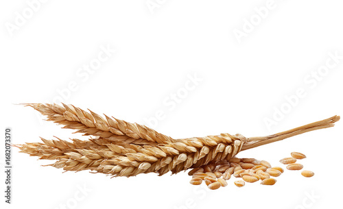 Close-up of a wheat ear and scattered wheat kernels.  Golden-brown color.  Ears lie horizontally