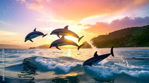 A dynamic action shot of a pod of dolphins leaping from the ocean in perfect synchrony against a beautiful sunset