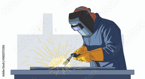 A welder in a dark blue jacket and helmet performing arc welding on metal generating bright yellow sparks