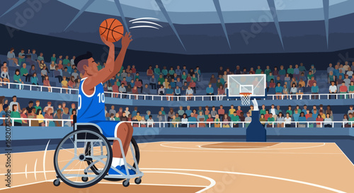 A wheelchair basketball player in blue jersey number 10 shooting a ball in a stadium filled with spectators