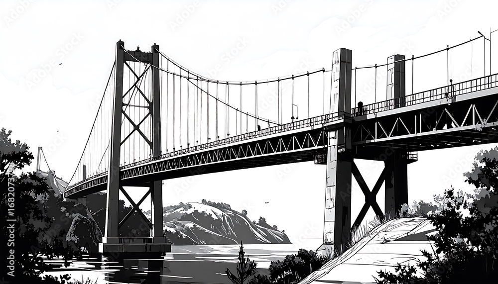 Obraz premium A grayscale illustration of a majestic suspension bridge spanning a tranquil waterway, showcasing intricate details of its structure and surroundings.