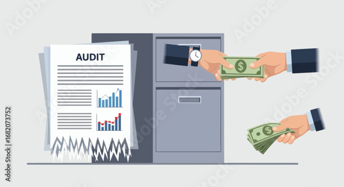 An audit report is being shredded next to a filing cabinet from which hands exchange stacks of dollar bills