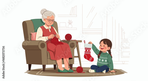 An elderly woman knits red yarn in an armchair while a young girl sits holding a Christmas stocking