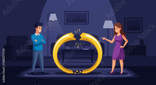 Angry couple in dim room broken gold wedding ring between them man with crossed arms woman pointing