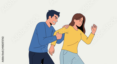 An illustration of an angry man grabbing a distressed woman by her arm and shoulder on a plain background