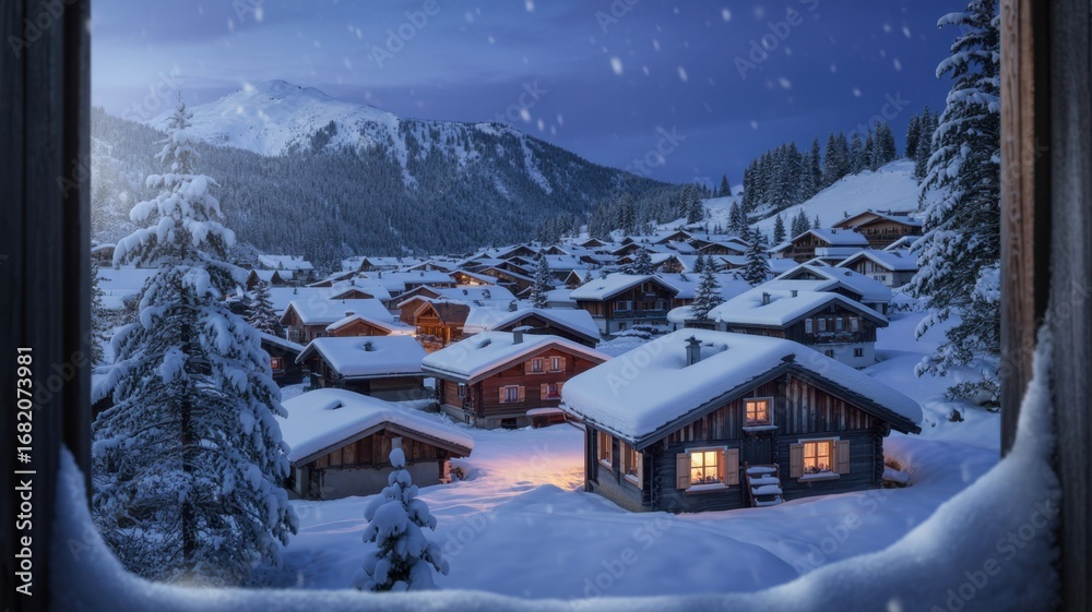 Fototapeta premium A picturesque winter village scene viewed through a window, with snowcovered houses, mountains, and trees creating a cozy and festive atmosphere