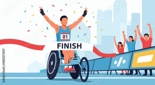 Athlete in a racing wheelchair crosses a FINISH line arms raised in victory amidst confetti and cheering spectators