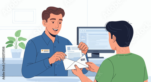 Bank employee smiles handing an opened envelope with a document to a customer at a counter
