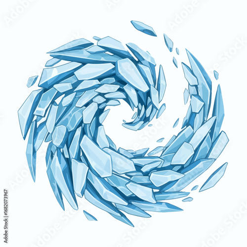 Blue crystalline shards forming a dynamic spiral or vortex pattern against a plain white background