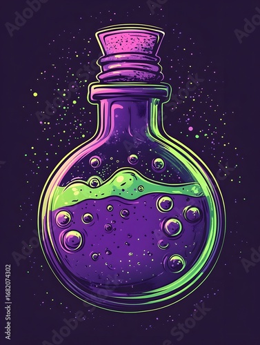 Colorful Neon Potion Bottle: Abstract, Vintage & Mystical Glass Illustration with Cosmic Swirling Effects