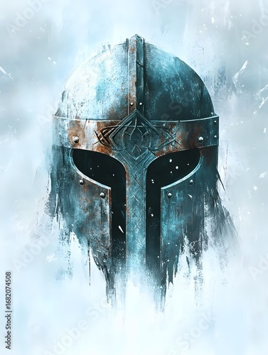 Legendary Spartan Warrior: Vintage Metal Helmet in Ancient Mystical Armor Illustration