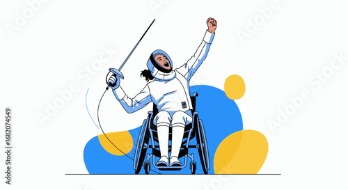 Fencer in wheelchair celebrating victory with sword raised abstract blue and yellow shapes in background