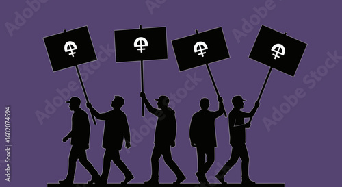 Five dark silhouettes of people walk each holding a black sign with a white femalefeministlike symbol
