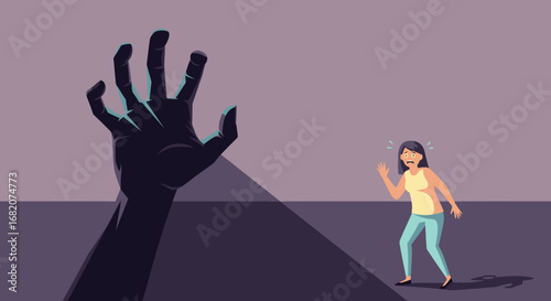 Frightened woman recoils from a large menacing shadow hand in a purplehued room eyes wide with fear