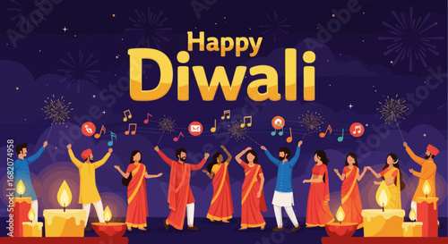 Happy Diwali celebration with diverse people sparklers candles fireworks and musical notes