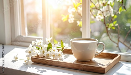Wallpaper Mural Sunlit window scene a mug of coffee on a wooden tray, adorned with white flowers, basks in warm sunlight against a blossoming outdoor view Torontodigital.ca