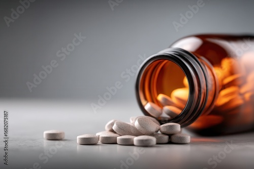 Brown Glass Bottle Spills White Tablets on a Gray Surface