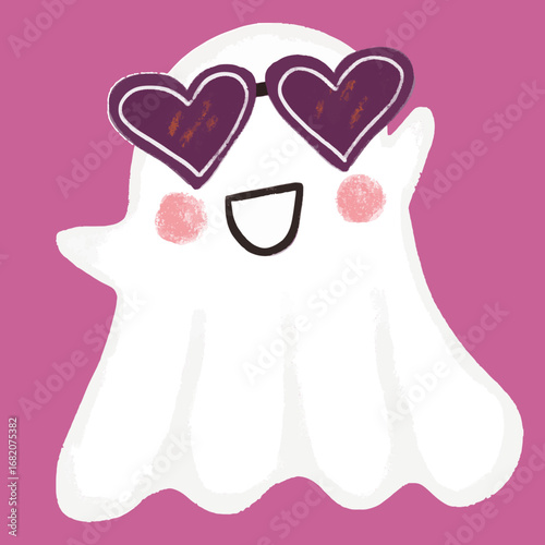 Cute chibi happy pink pastel halloween ghost wearing love heart sunglasses. Kids nursery children illustration icon clipart sticker purple wall art