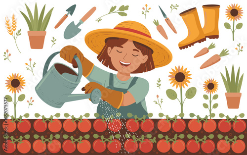 Happy Gardener Watering Tomatoes: A Vibrant Illustration of Farm Life