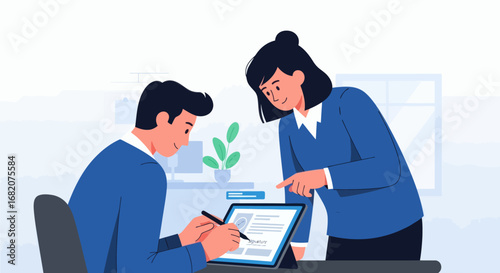 Illustrated man digitally signing a document on a tablet woman in a blue jacket pointing in an office