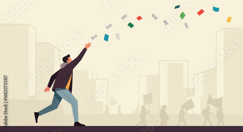 Illustrated man runs tossing colorful papers upwards in a city street with distant figures marching
